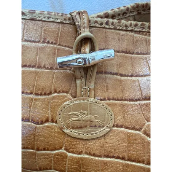 Longchamp Tan Croc-Embossed Roseau Leather Tote Handbag With Silver Toggle Closu
